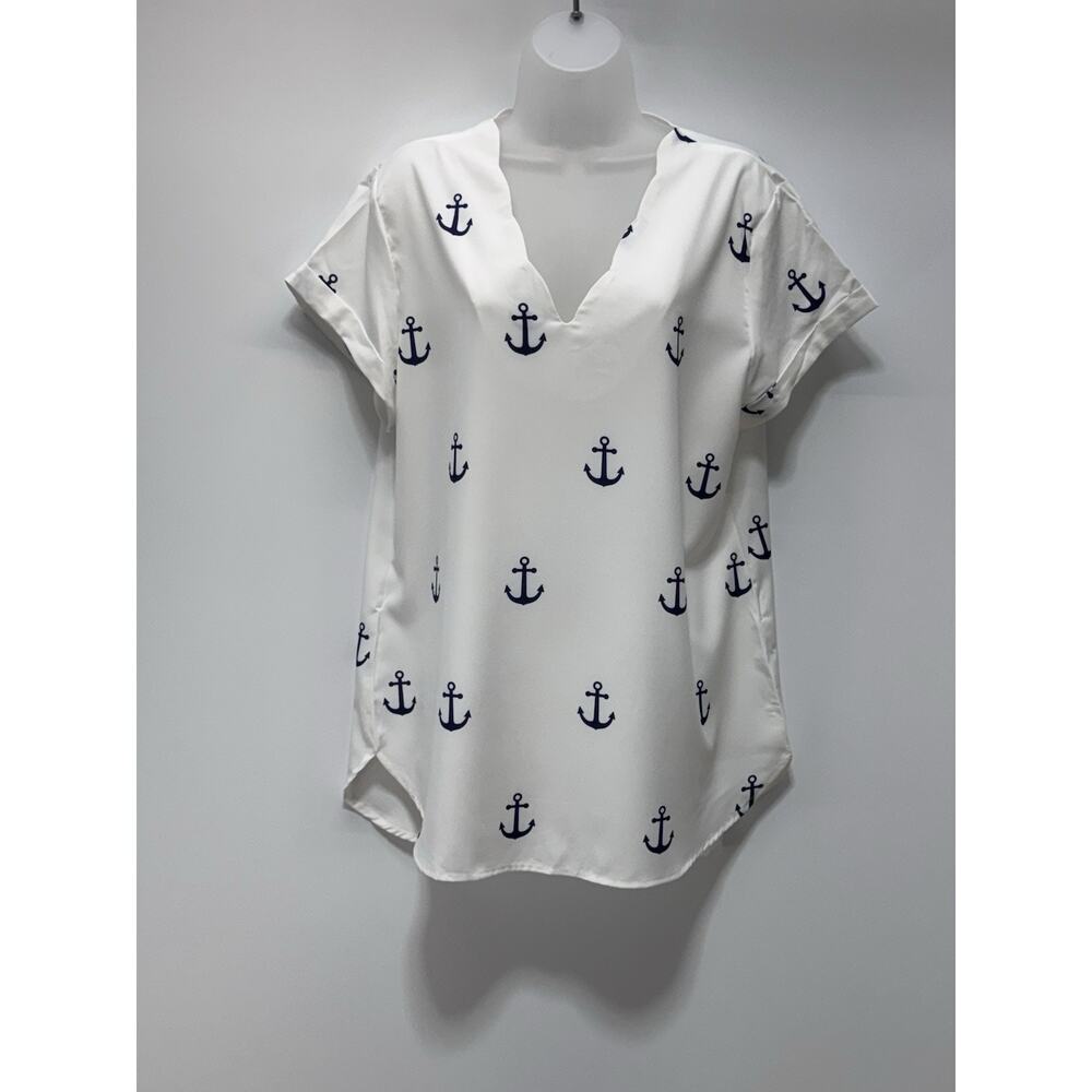 Noracora Women’s Size XL White Mid Length Shirt Dress Short Sleeve Blue Anchor
